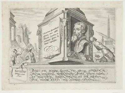 Portræt af Maarten van Heemskerck. Titelblad til "Det jødiske folks ulykker"