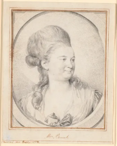 Portræt af Madame Charles Bonnet, født de la Rive. Brystbillede i trekvart profil mod højre i tegnet stenoval