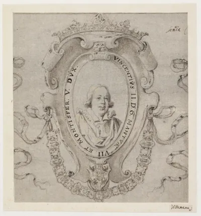 Portræt af Vicenzo II, hertug af Mantova. Brystbillede i oval kartouche, en face. I kartouchen indskriften VINCENTIVS II.D.G. MANTVÆ VII. ET MONTISFER. V. DVX.