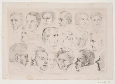 Portrætter af de 17 mandlige personer på W.Marstrands maleri: "Et musikalsk aftenselskab" 1834
