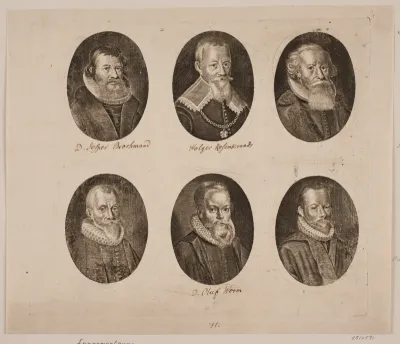 Portrætter af Jesper Rasmussen Brochmand, Holger Rosenkrantz, Hans Poulsen Resen, Christen Sørensen Longomontanus, Ole Worm og Caspar Bartholin