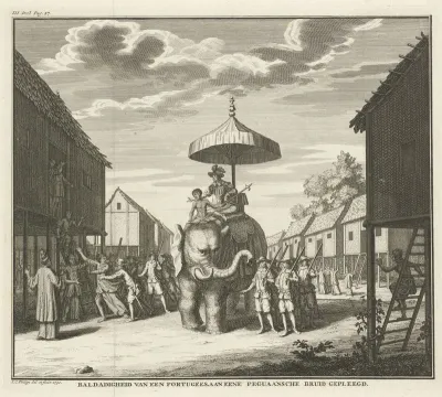 Portugees op olifant te Pegu