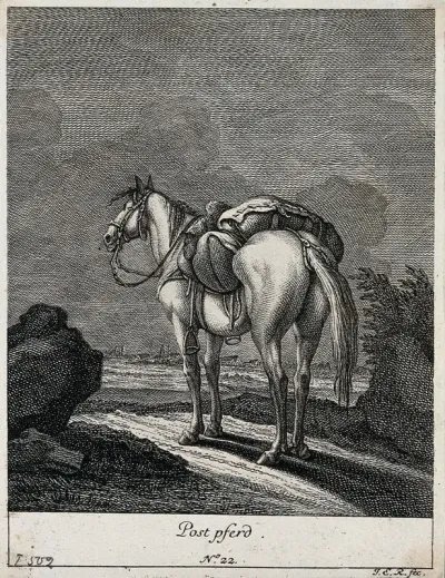 Post-horse with baggage standing on a rocky path with a village in the background