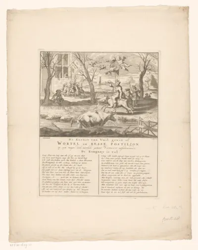 Postiljon op een varken brengt het nieuws dat de compagnie vol is, 1720
