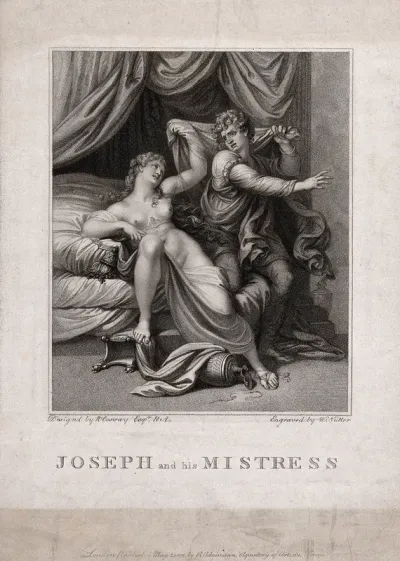 Potiphar's wife tumbles on her bed with a terrified Joseph
