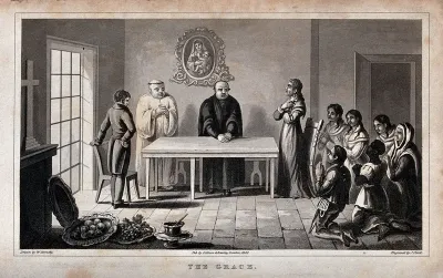 Potosí, Peru (later Bolivia): Edmond Temple, a lady (Doña Juliana), her Andean servants and two clerics assembled for grace after dinner