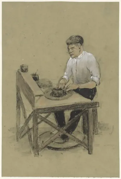 Pottenbakker aan zijn draaischijf