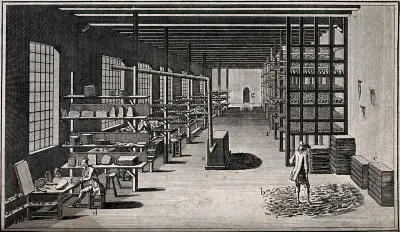 Pottery: a large workshop with drying racks for porcelain articles