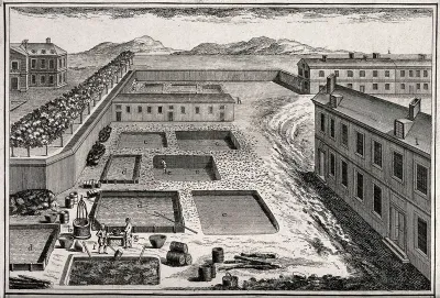 Pottery: various shallow pits outside a factory, with workmen standing by