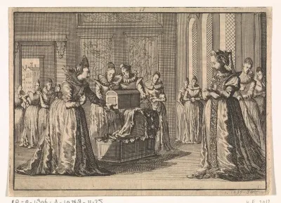 Praagse vrouwen bieden koningin Elisabeth een wieg en kleren aan voor haar te verwachten kind, 1619