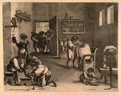 Practitioners and patients in a busy barber-surgeon's shop; represented by monkeys and cats
