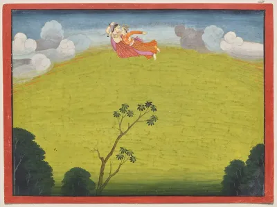 Pradyumna and Mayavati Fly to Dvaraka, from the Large Basohli Bhagavata Purana
