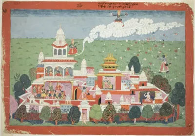 Pradyumna Enters the Palace of the Demon Sambar and Challenges him to Battle, page from a Dispersed Bhagavata Purana manuscript