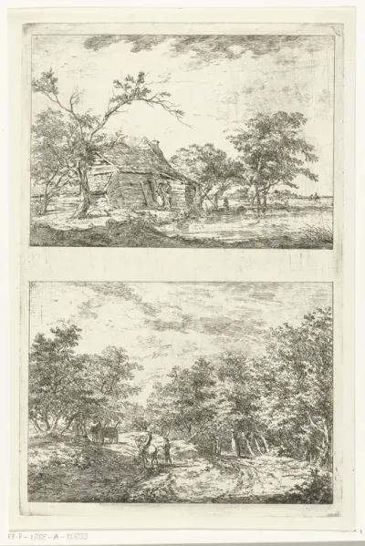 Pratend stel bij boerderij aan waterkant / Pad door het bos met wagen, wandelaar en ruiter