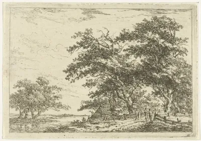 Pratende mannen bij hek aan bosrand