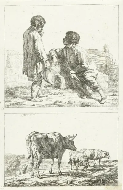 Pratende mannen en koeien en schapen
