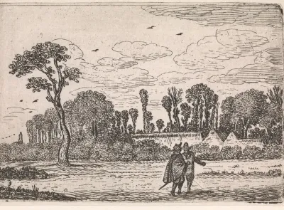 Pratende mannen op een veld met bomen en een boerderij