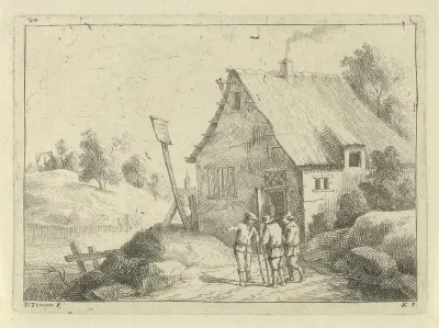 Pratende mannen voor een huis