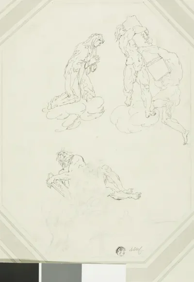 Praying Virgin and Figures in Clouds