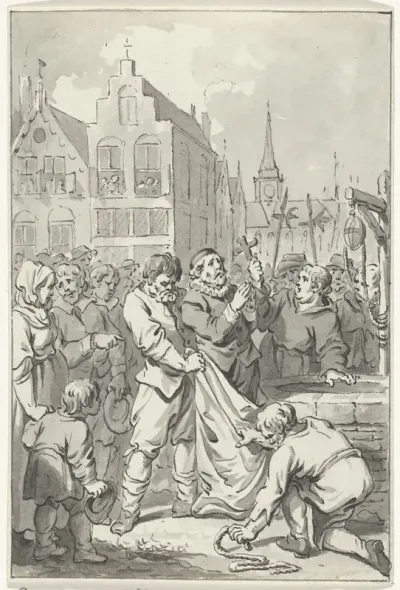 Predikant Johannes Florianus te Brussel als ketter in een zak gebonden en in een put geworpen, 1585