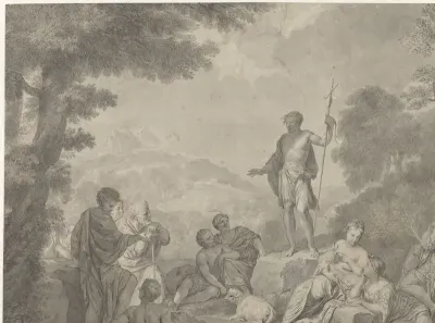 Prediking van Johannes de Doper, in landschap