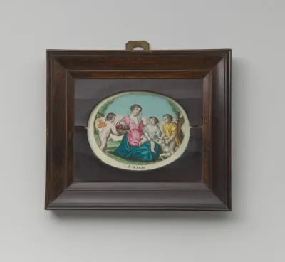 Prent met de voorstelling van Maria met kind, Johannes de Doper en een engel