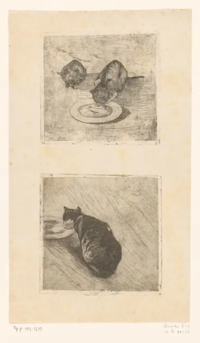 Prent met twee katten, één drinkend uit een bord en een prent met een drinkende kat