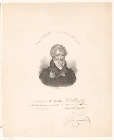 Prent ter ere van het lidmaatschap van dokter Schlegel in de Société Cuvierienne met portret van Georges Cuvier