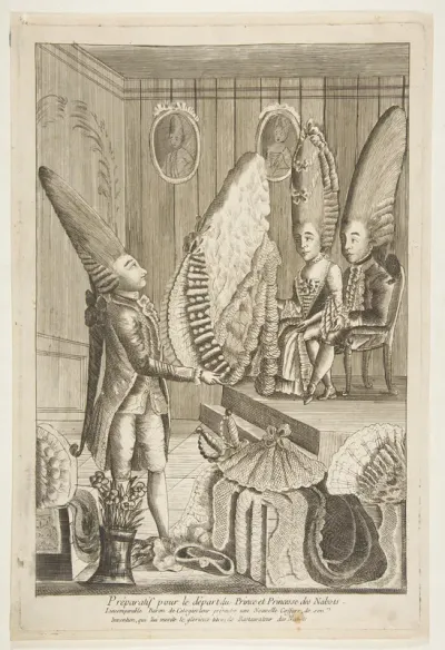 Préparatif pour le départ du Prince et Princesse des Nabots. L'incomparable Baron de Catagon leur présentes une Nouvelle Coeffure, do son Invention, qui lui merité le glorieux titre de Restaurateur des Nabots