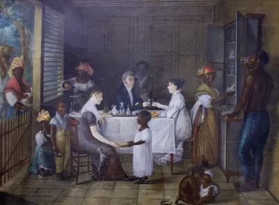 Presumed portrait of Charlotte Martner, her husband, the house staff and a guest, in a dining room in Fort-de-France, Martinique