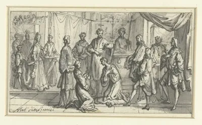 Priester zegent een knielende vorst