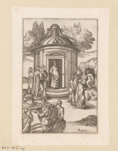 Priesters bij een ronde tempel, met daarvoor een vrouw in een waterbassin