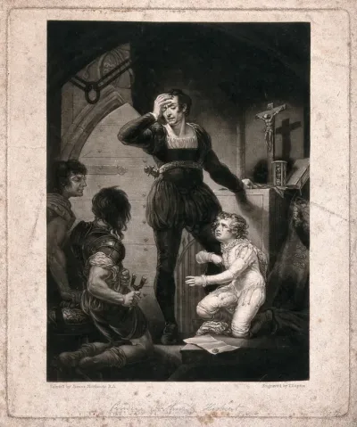 Prince Arthur, the grandson of King Henry II of England, clings to his guardian Hubert de Burgh, who is reluctant to allow the prince to be blinded and mutilated as ordered by King John
