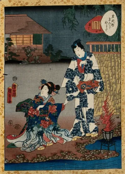 Prince Genji and a girl by a garden pond at night, standing next to a flare burning on a stand
