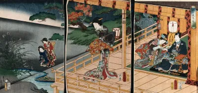 Prince Genji in elegant modern dress in an elegant apartment with the blinds rolled up so he can enjoy the autumnal garden and listen to the cricket's song; a girl attendant pours him sake