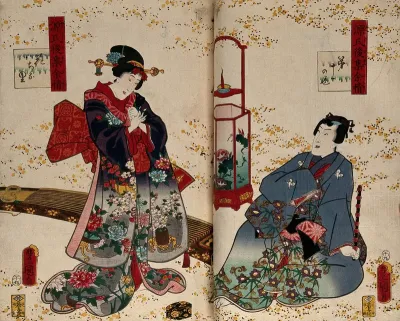 Prince Genji in modern dress, seated beside an ornate lantern