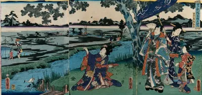 Prince Genji in modern dress with lady attendants visiting Ashikaya (north Kantō Plain) in the fifth lunar month; peasants in the broad, panoramic landscape setting are busy with the spring planting
