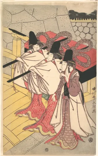 Prince Genji Returning to His Palace where His Wife Awaits Him