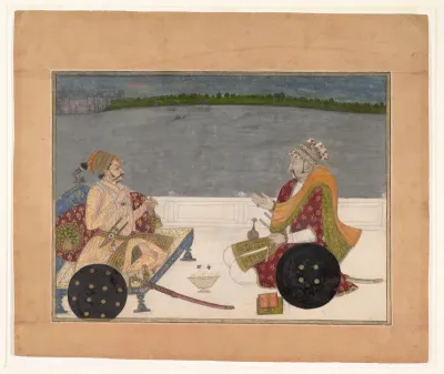 Prince Padam Singh of Bikaner with His Bard Gordhar on a Terrace at Night