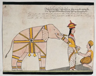 Prince Vessantara offers an elephant to the seven brahmins from Kalinga