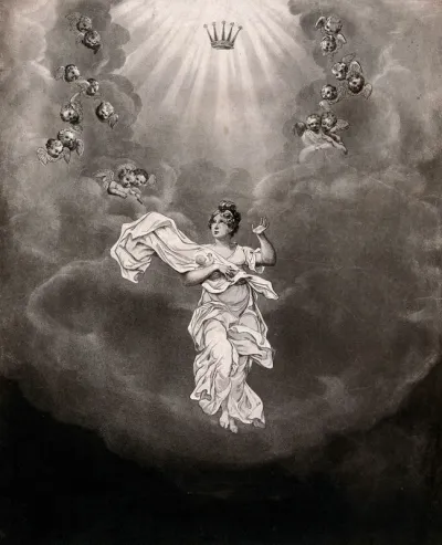 Princess Charlotte Augusta, holding her deceased child, ascending to heaven after her death in childbirth