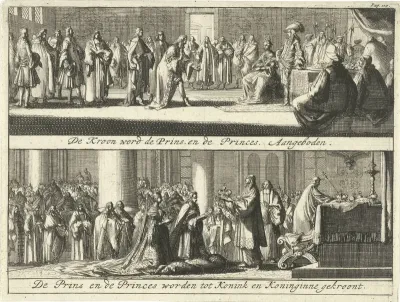 Prins en prinses krijgen de kroon aangeboden / Prins en prinses tot koning en koningin gekroond