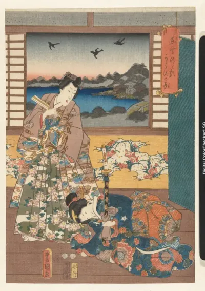 Prins Genji en knielende vrouw