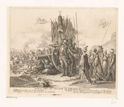 Prins Golitsyn met gevangengenomen Turkse vrouwen voor de vesting van Chotyn, 1769