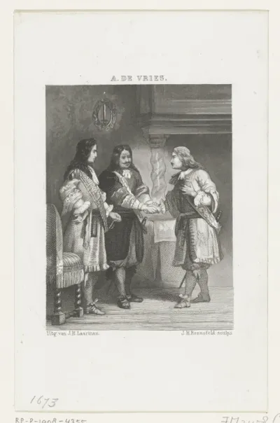 Prins Willem III verzoent Michiel Adriaenszoon de Ruyter en Cornelis Tromp, 1673