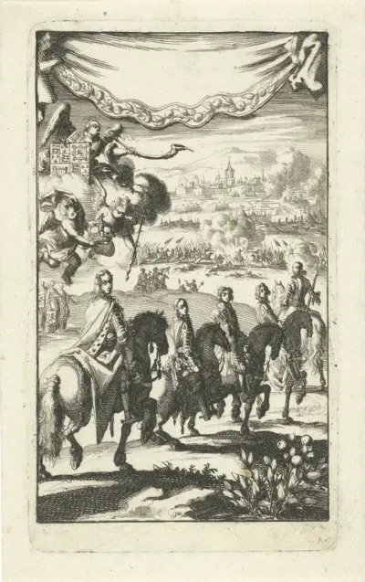 Prinsen van Oranje Willem I, Maurits, Frederik Hendrik, Willem II en Willem III te paard