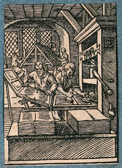 Printers working at a printing press, and setting type