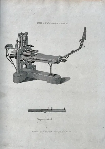 Printing: a three-quarter view of a press, with a composing stick beneath
