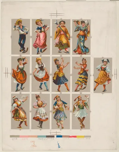 Printing proof of cards, from National Dances (N225, Type 2) issued by Kinney Bros.