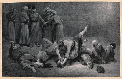 Prisoners of the Tchaudor tribe having their eyes cut out with a knife in Khiva, Uzbekistan